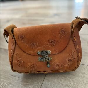 Brown Leather Shoulder Bag with Floral Embossing